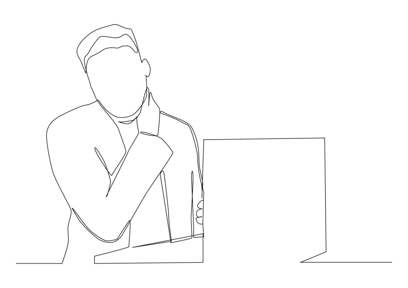 continuous line art man kneads his neck from a long job at a computer, a symptom of cervical osteochondrosis, charging for the head, self-massage, professional injury. vector