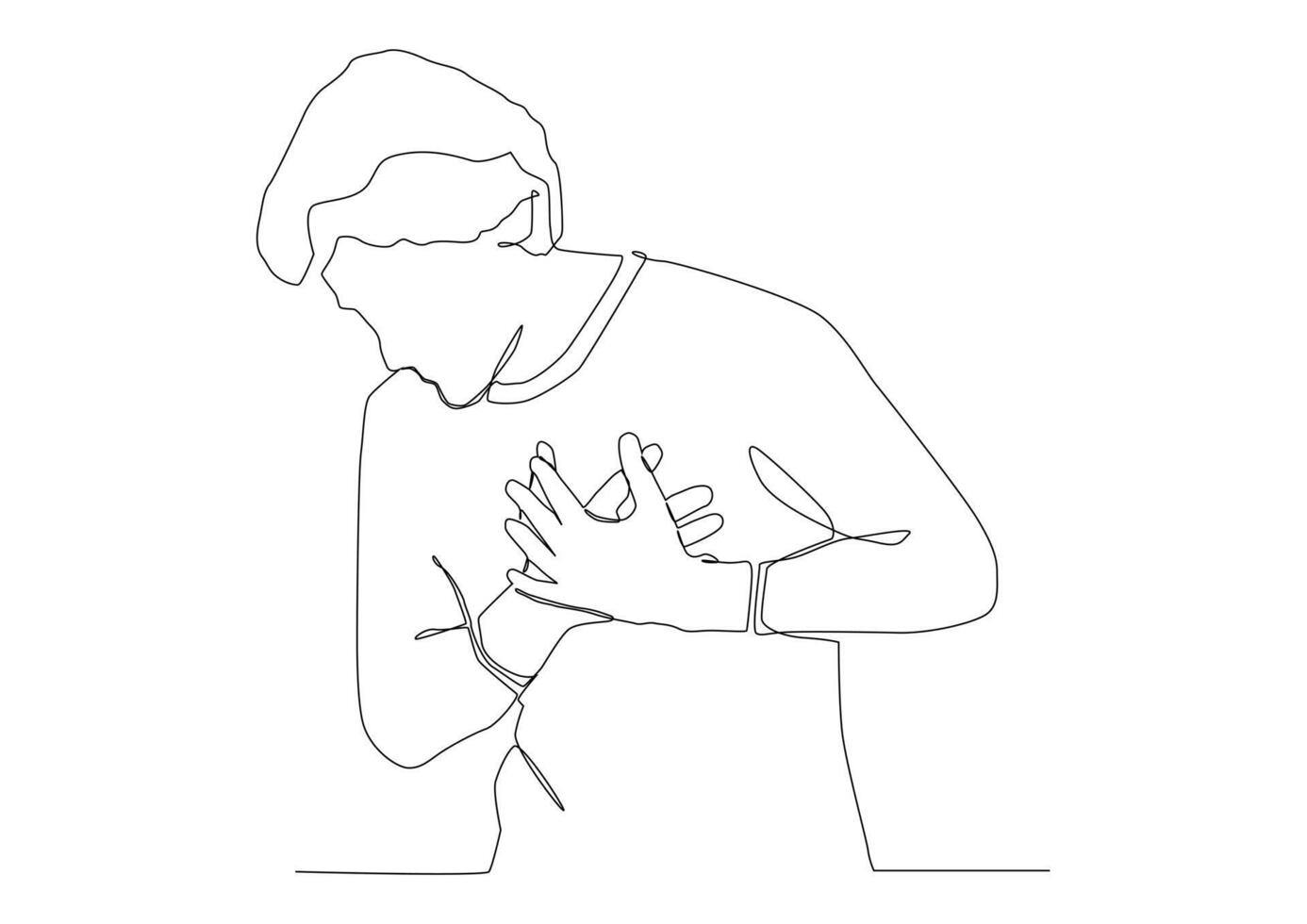 Continuous one line art of man put both palms on his heart his head lowered to the bottom, concept to listen to the heart, heart attack, be kind, man in love . vector