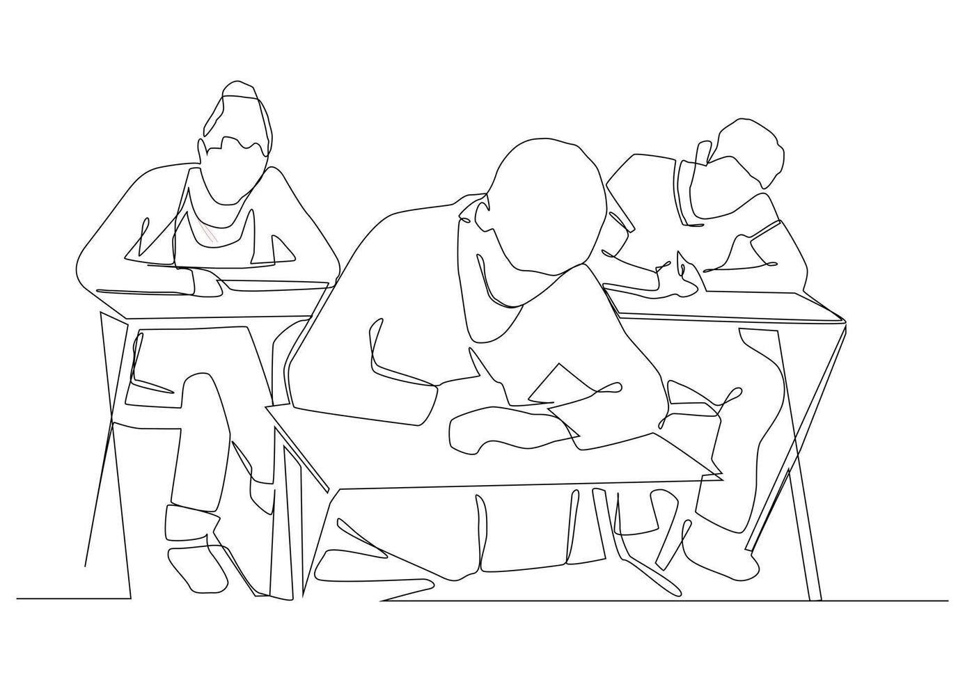 Continuous one line art of students are sitting at their desks for the exam, offline learning concept, students adolescents without masks complete assignment or take lecture notes. vector