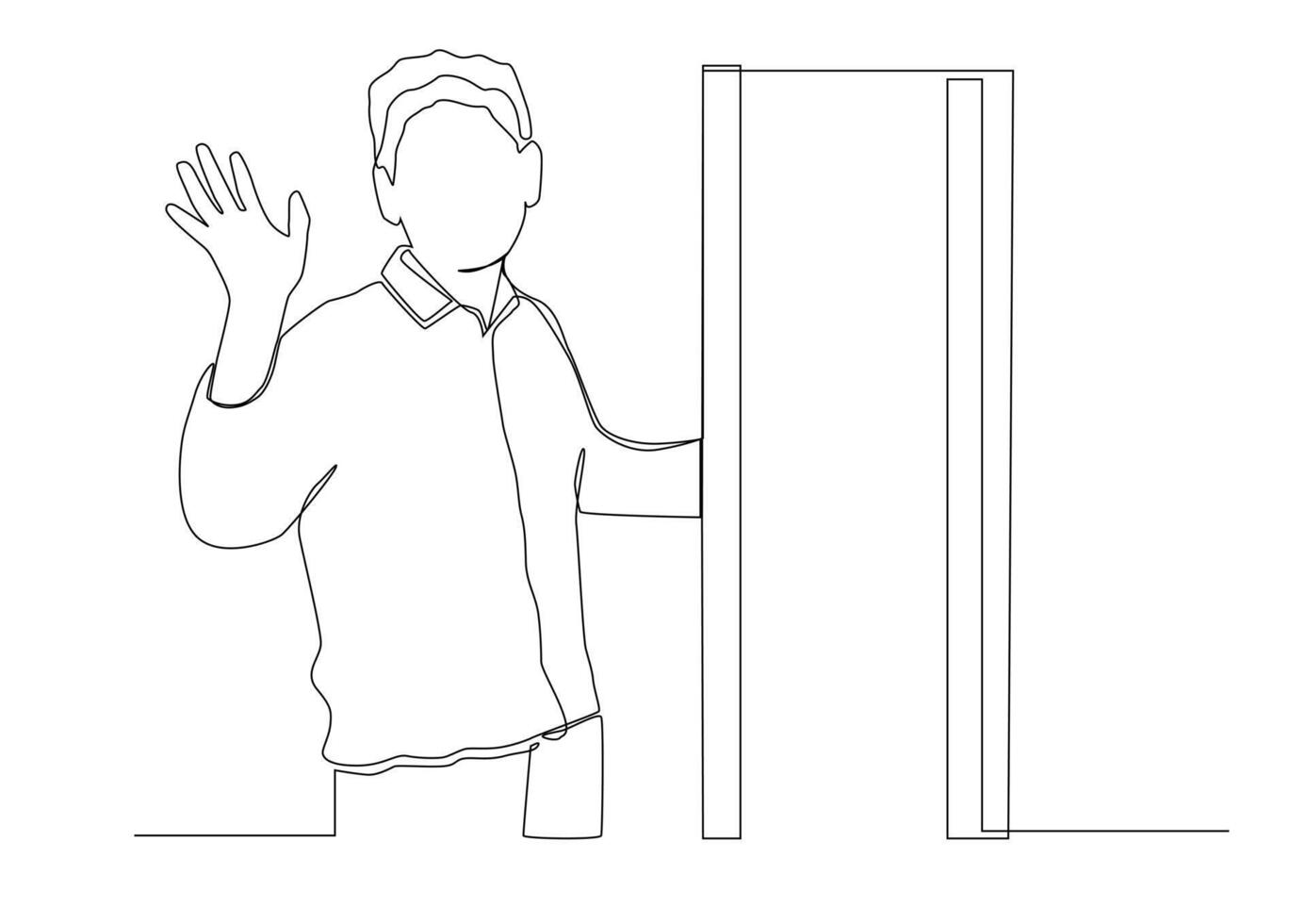 Continuous one line art of man smiles and waves his hand peeping out of the opened door, the concept of a benevolent greeting or goodbye. vector