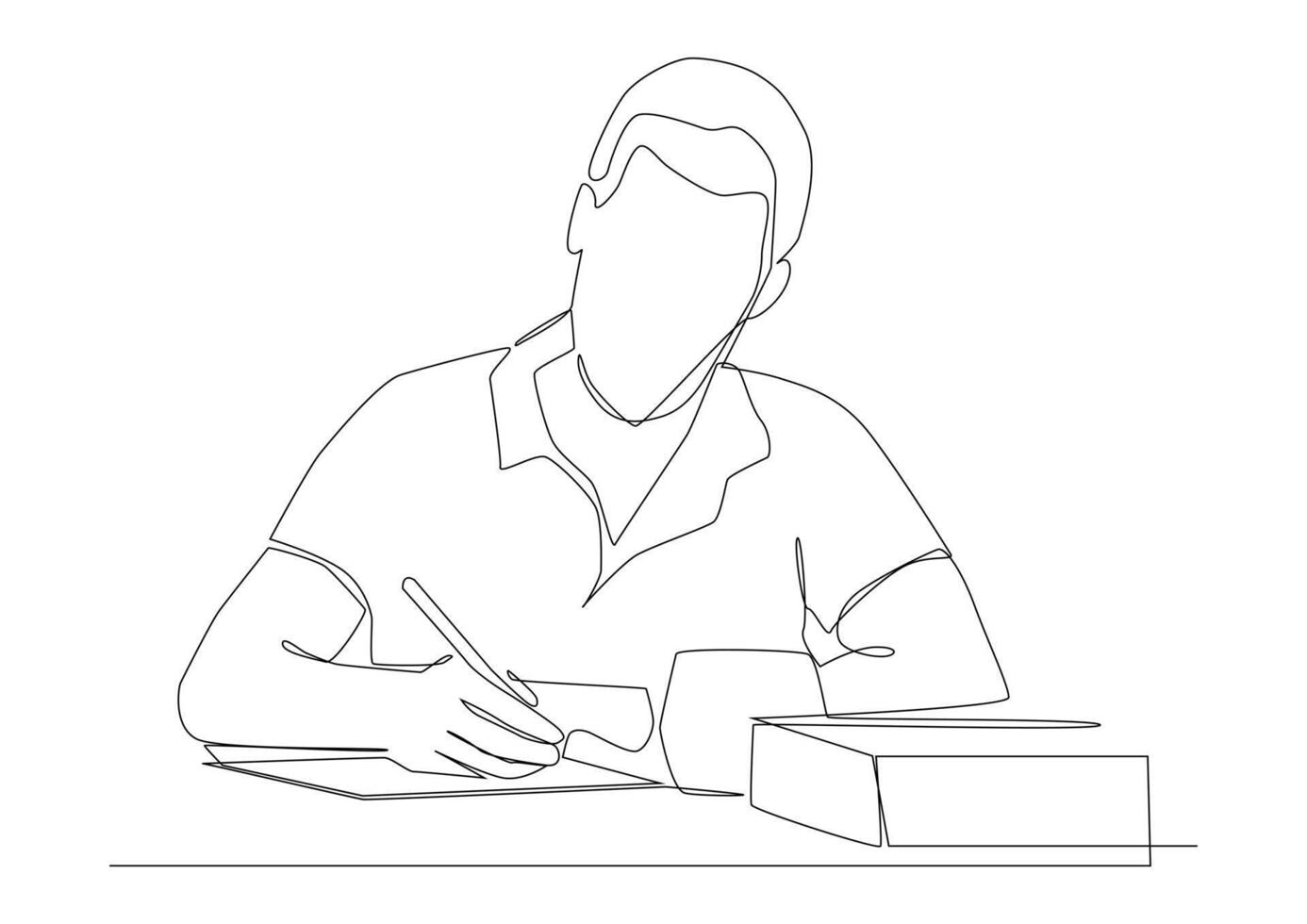 Continuous one line art of smiling man writes something on a thick notebook or book, a man signs a card, an invitation to someone close, he is happy and grateful. vector