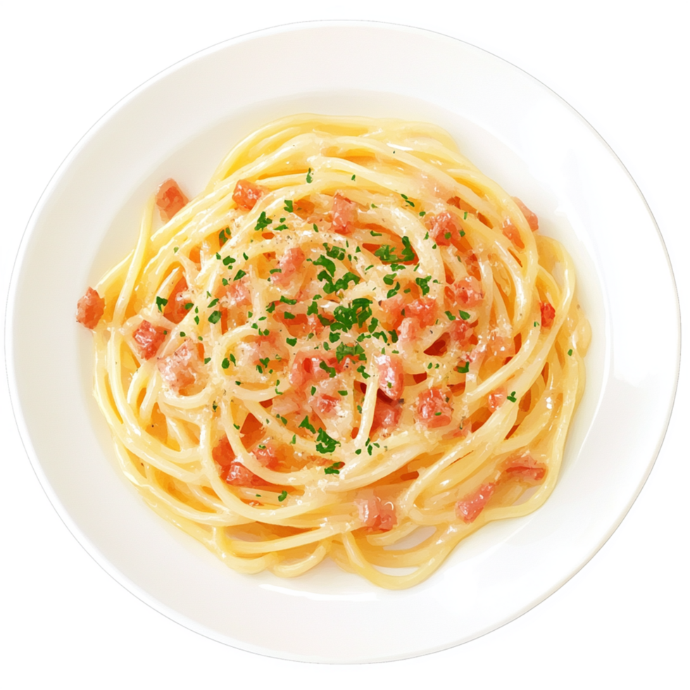 A plate of spaghetti with bacon and cheese png