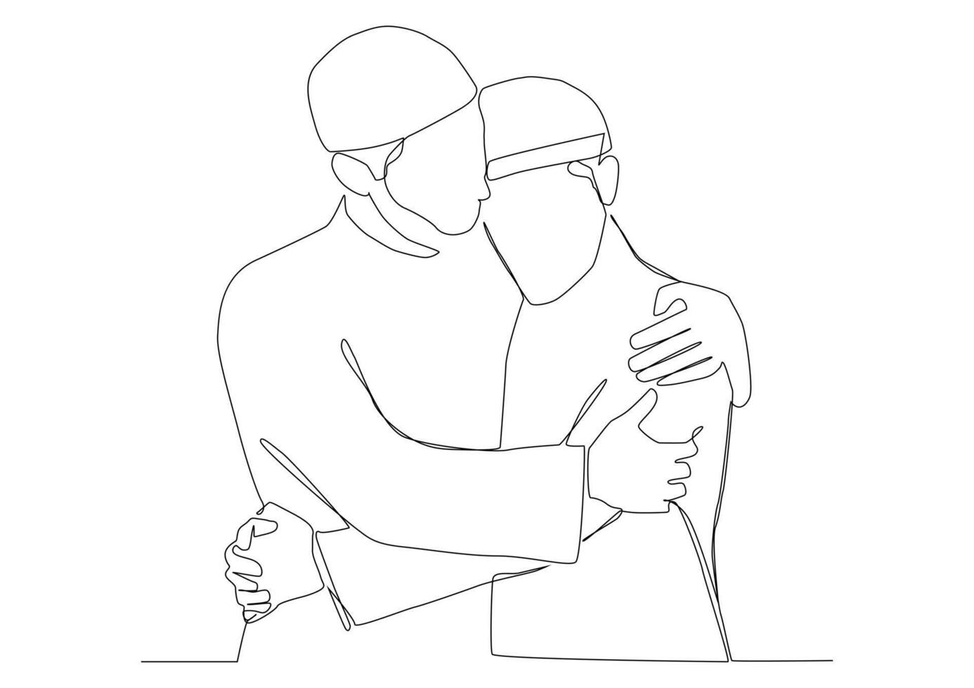Continuous line art of two men are hugging in Eid day. vector