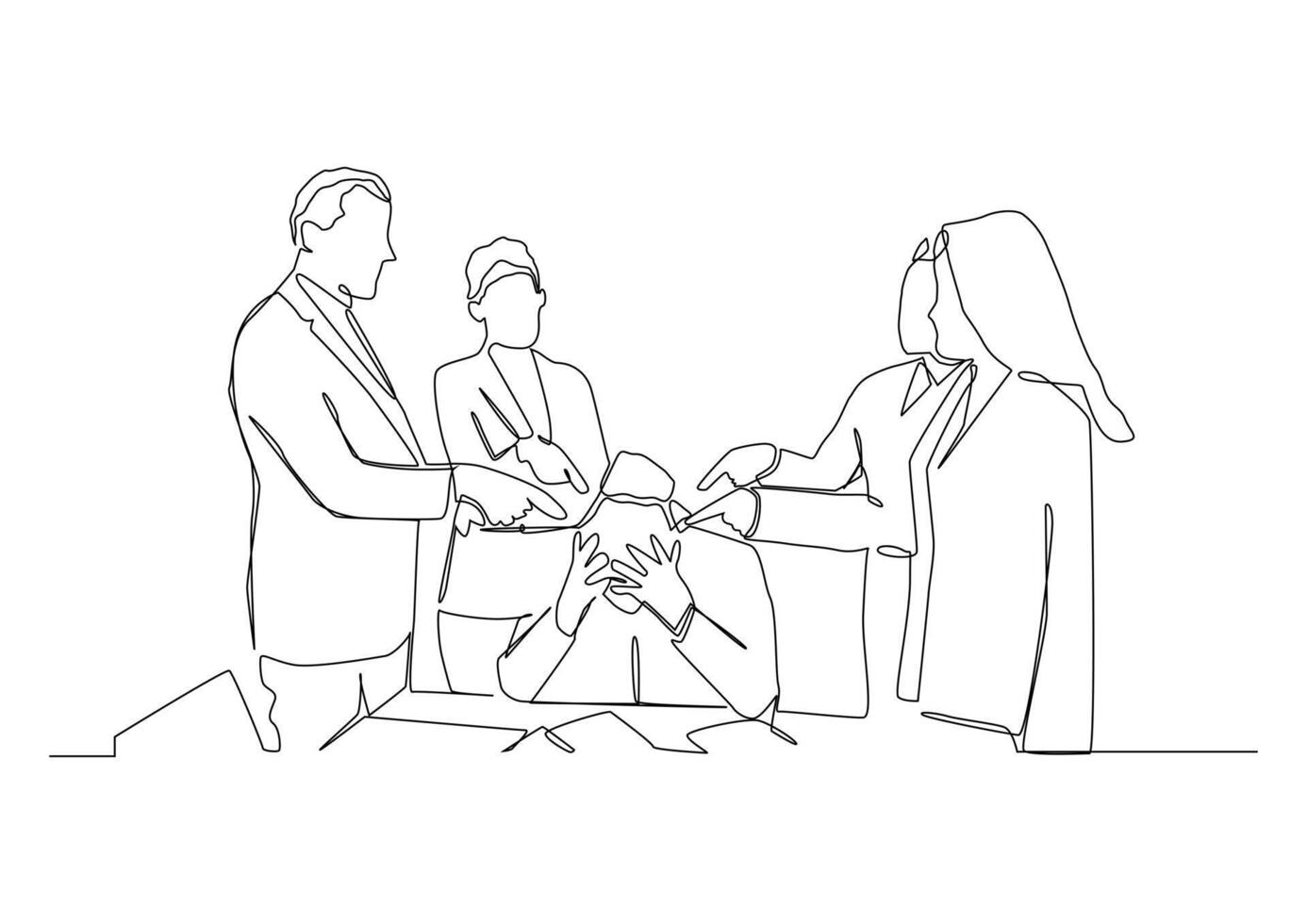 Continuous one line drawing group of people sit at a table and point fingers at each other. vector