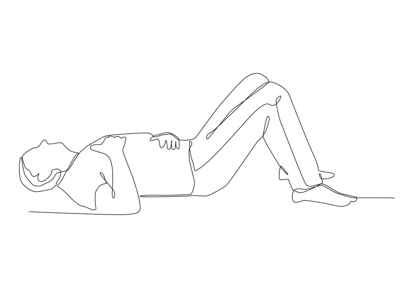 Continuous one line art of the full length male body lies on the floor. The concept of loss of strength, loss, fatigue, dead man, lose consciousness, fall, be defeated. vector