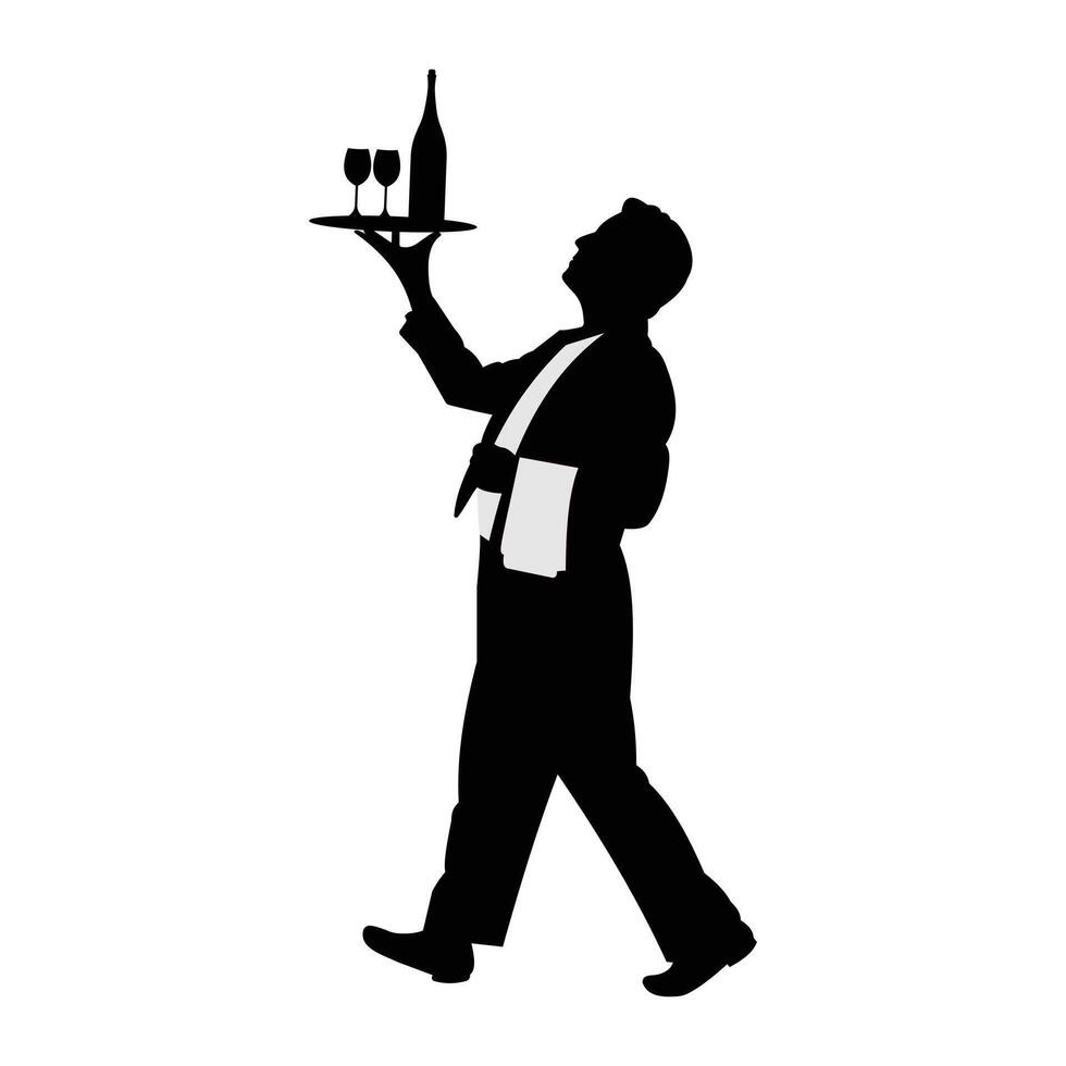 Waiter silhouette carrying wine glasses on tray vector