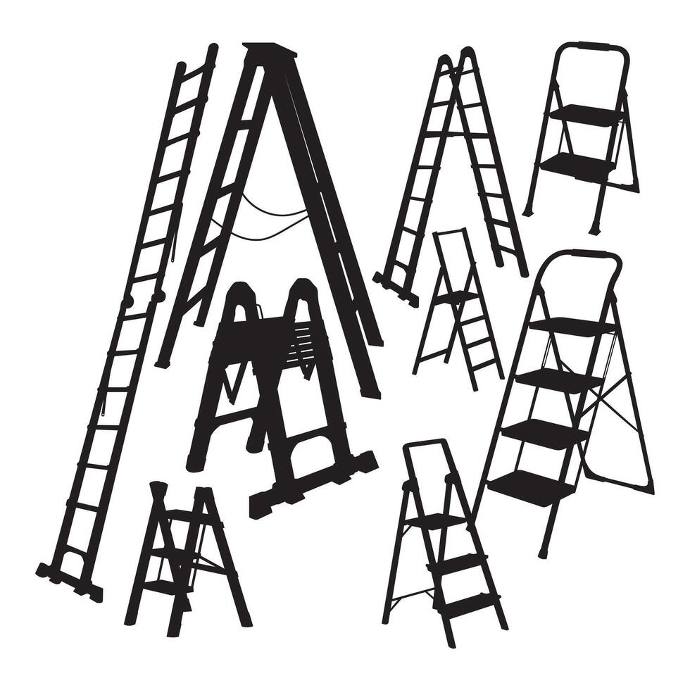 Multiple ladders stacked in silhouette against white background vector