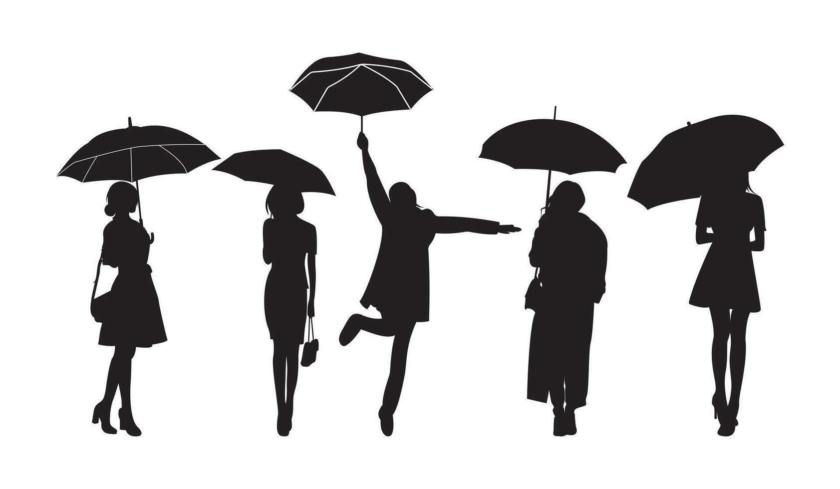 Girl With Umbrella Silhouette Set vector