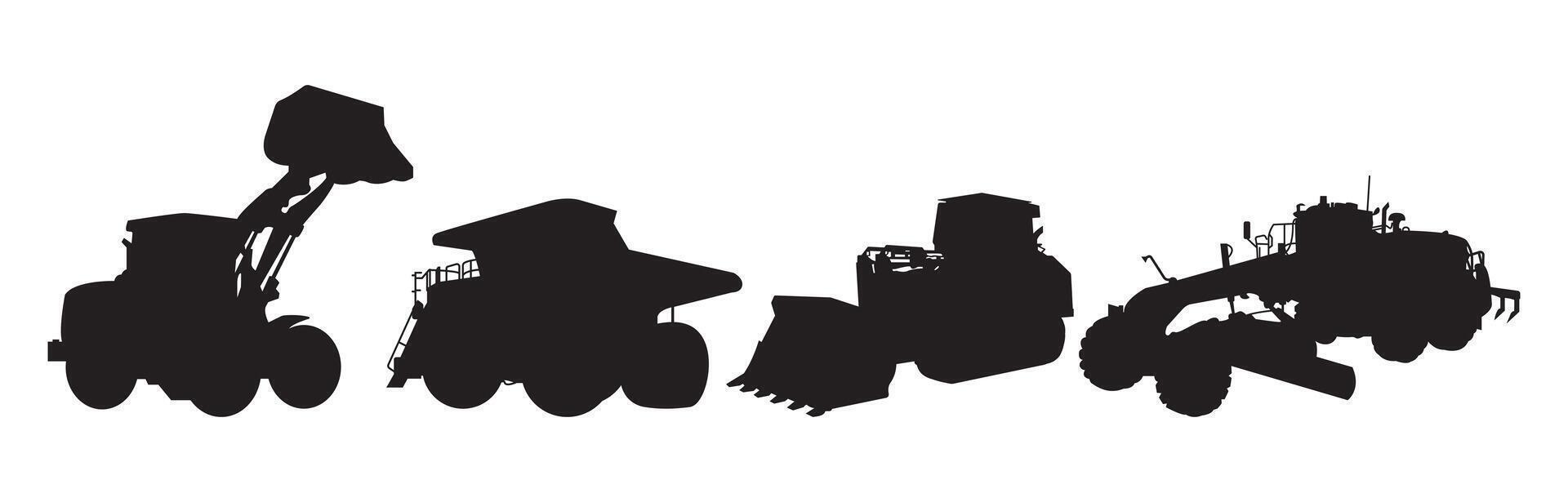 Heavy machinery vehicle silhouettes for construction design vector