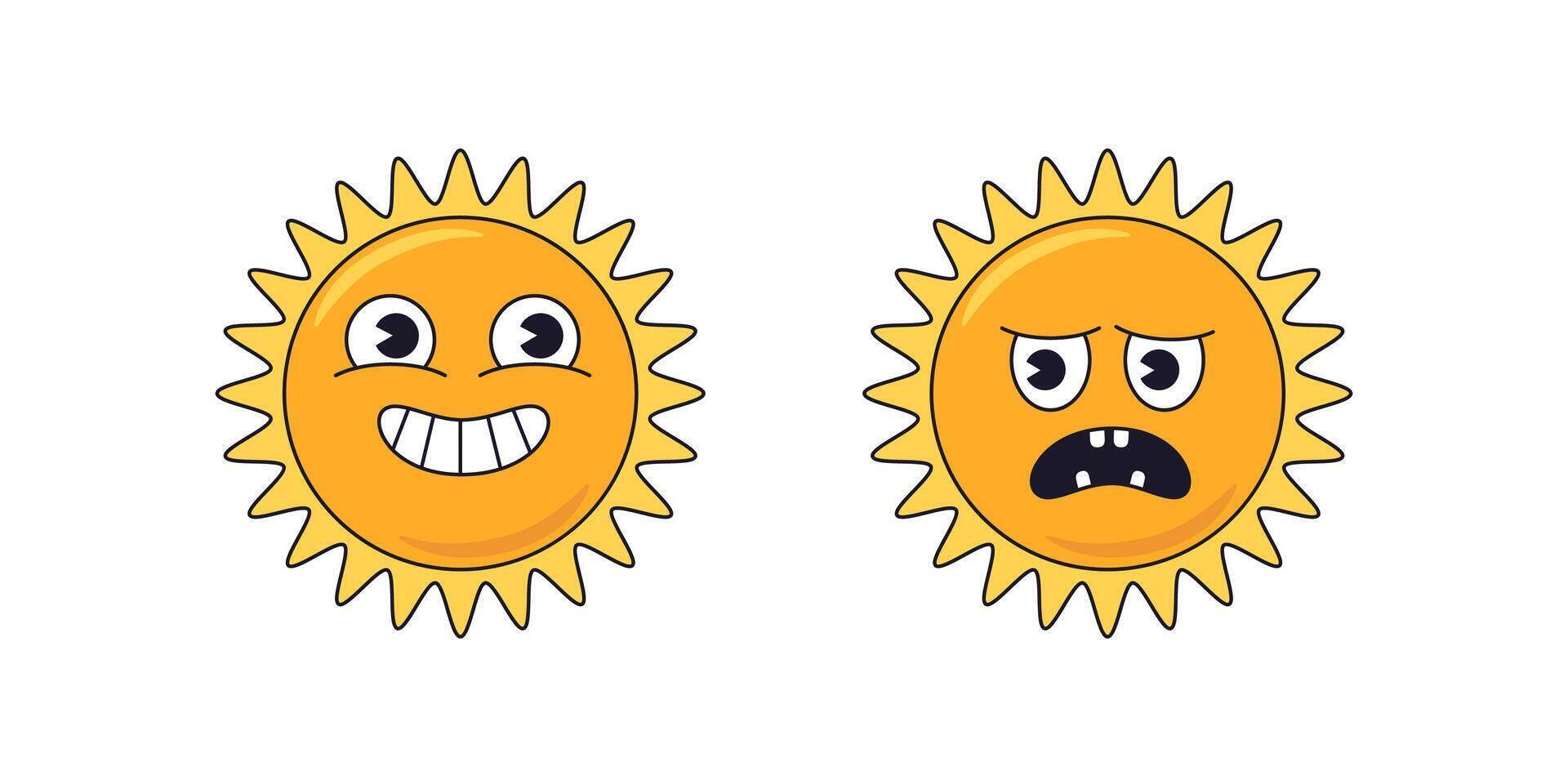 sun with happy and sad face, retro cartoon character, stickers vector