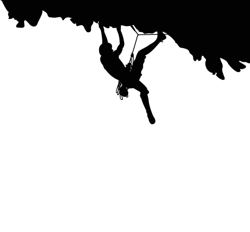 Climber silhouetted against sunset while scaling rock vector