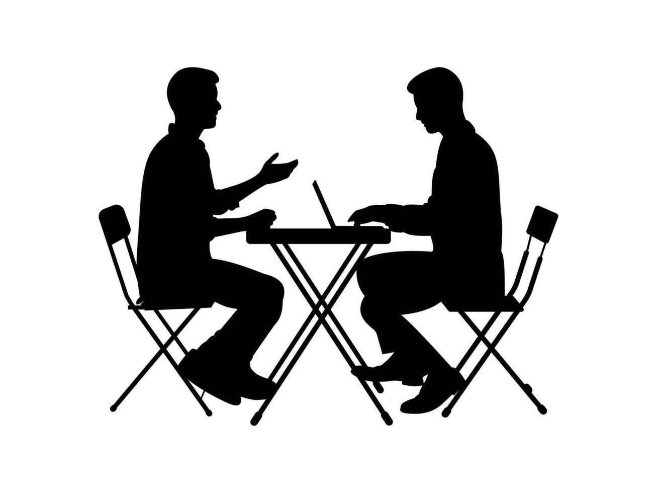 Silhouette of man using laptop during interview vector