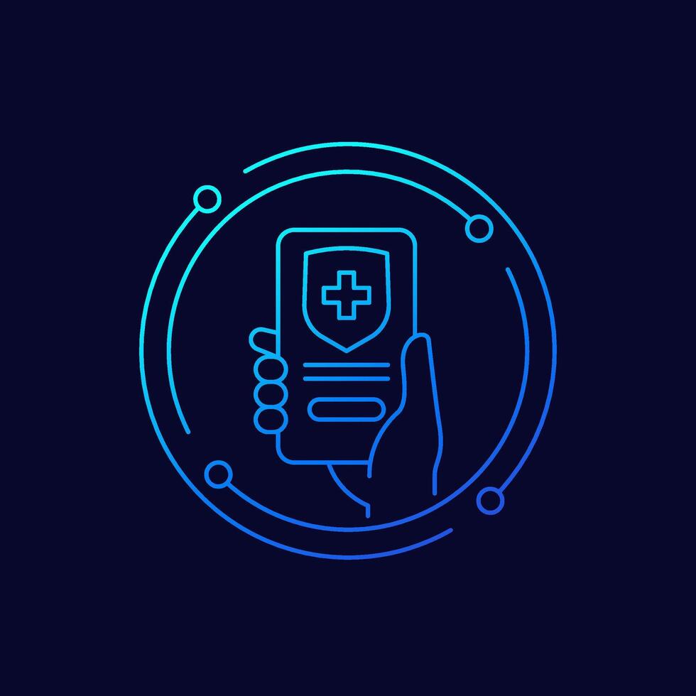 online medical insurance icon, phone in hand, linear design vector