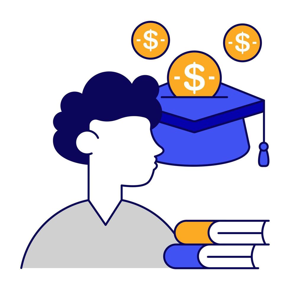 Mortarboard with books and dollar sack, flat design of educational grant vector