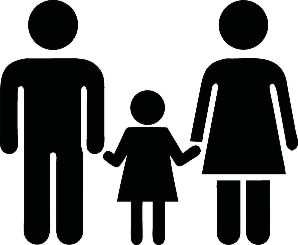 Simple black and white family icon of a father, mother, and daughter. vector