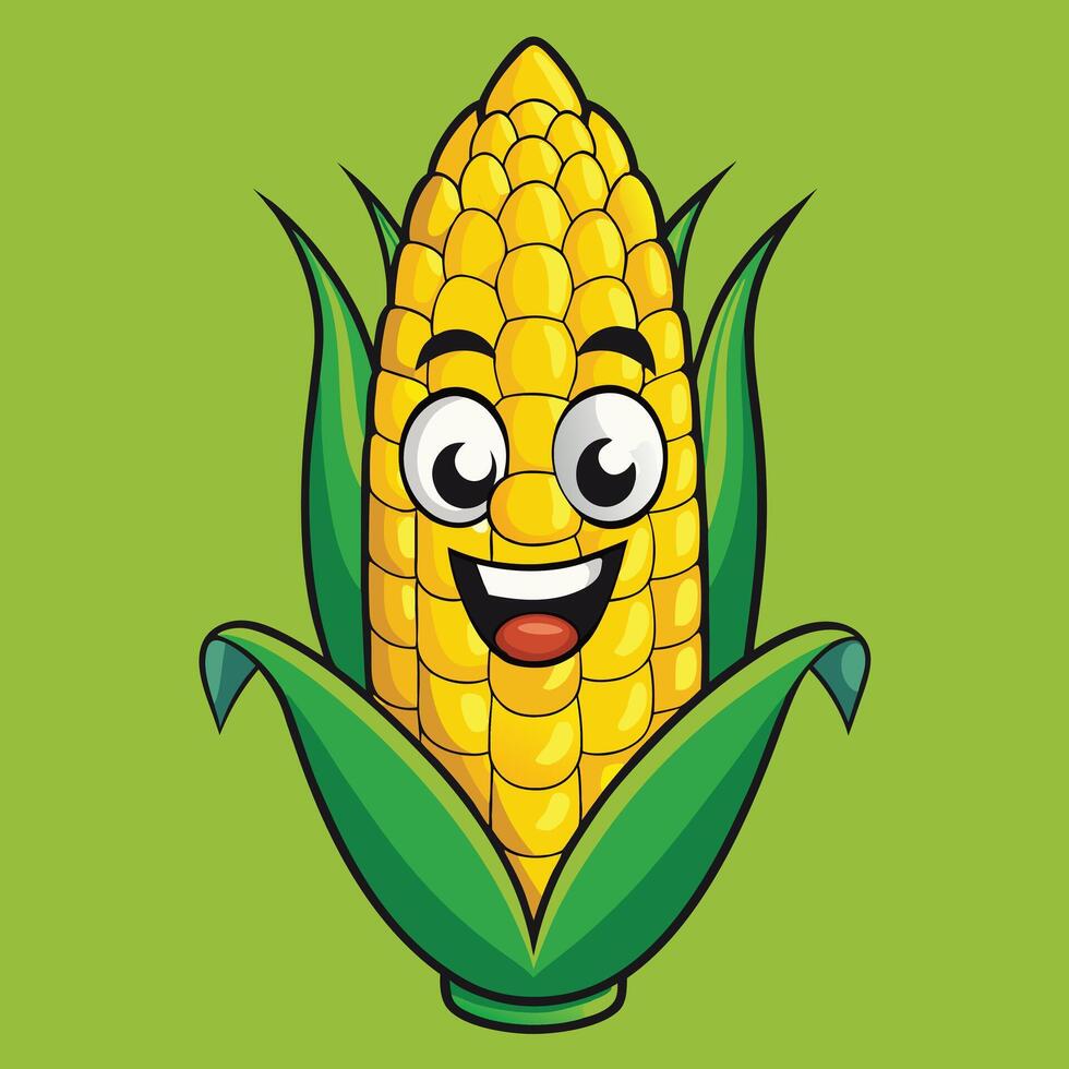 Smiling cartoon corn cob on a vibrant green background. vector