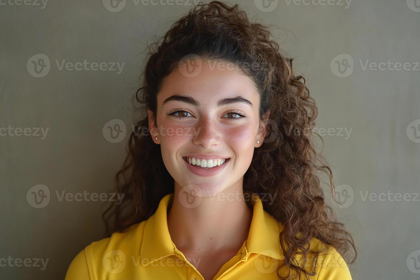 A young woman with curly hair wearing a yellow polo shirt photo