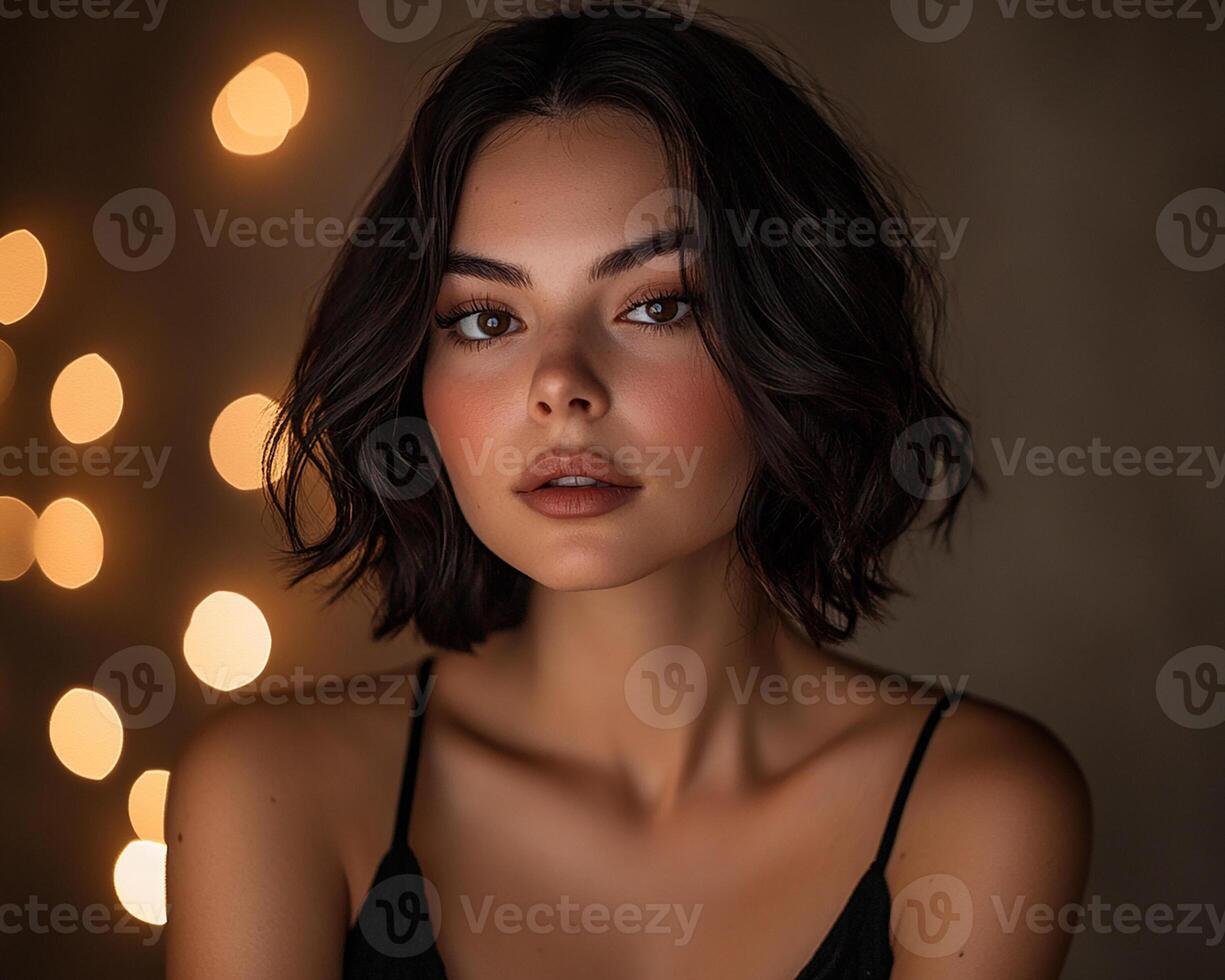 A beautiful woman with dark hair and a black top photo