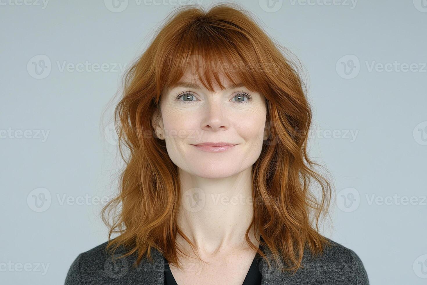 A woman with red hair and a gray shirt photo
