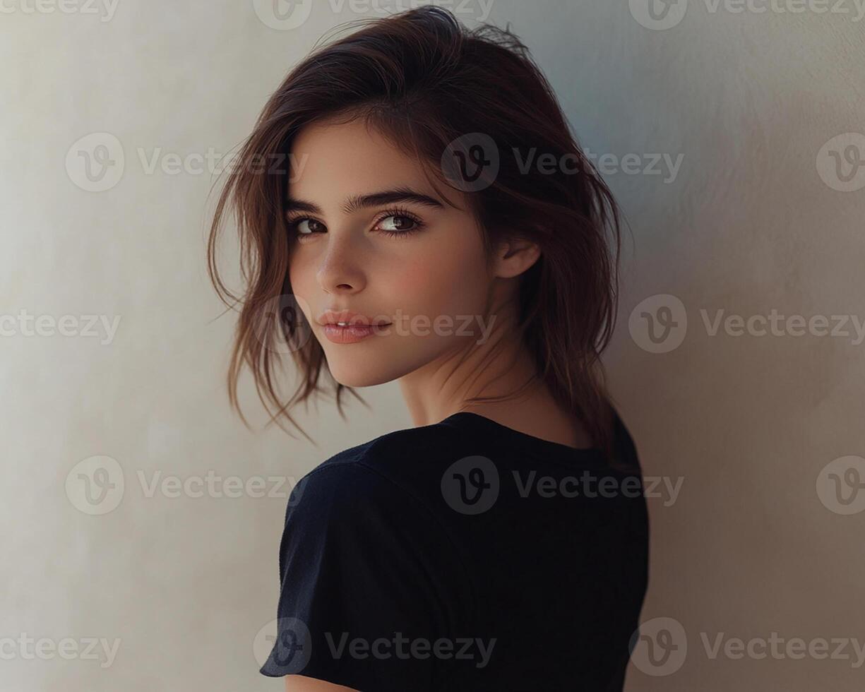 A beautiful young woman with brown hair and a black top photo