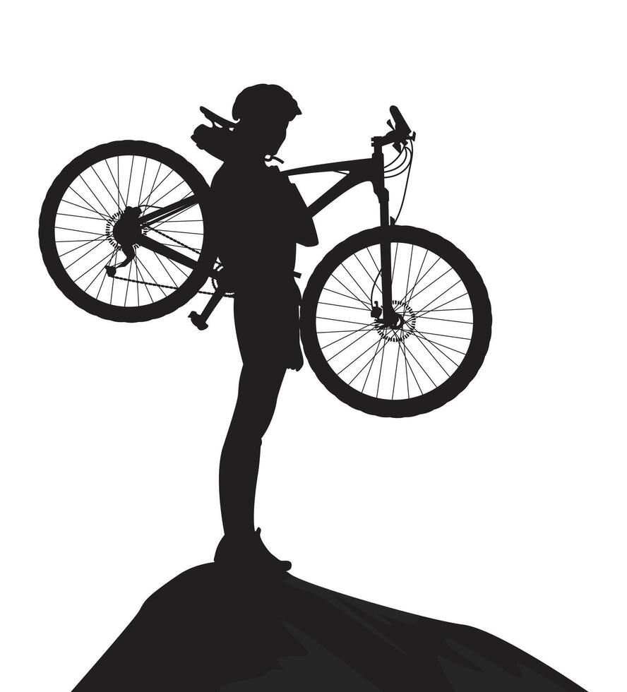 Person lifting bike on mountain peak silhouette vector
