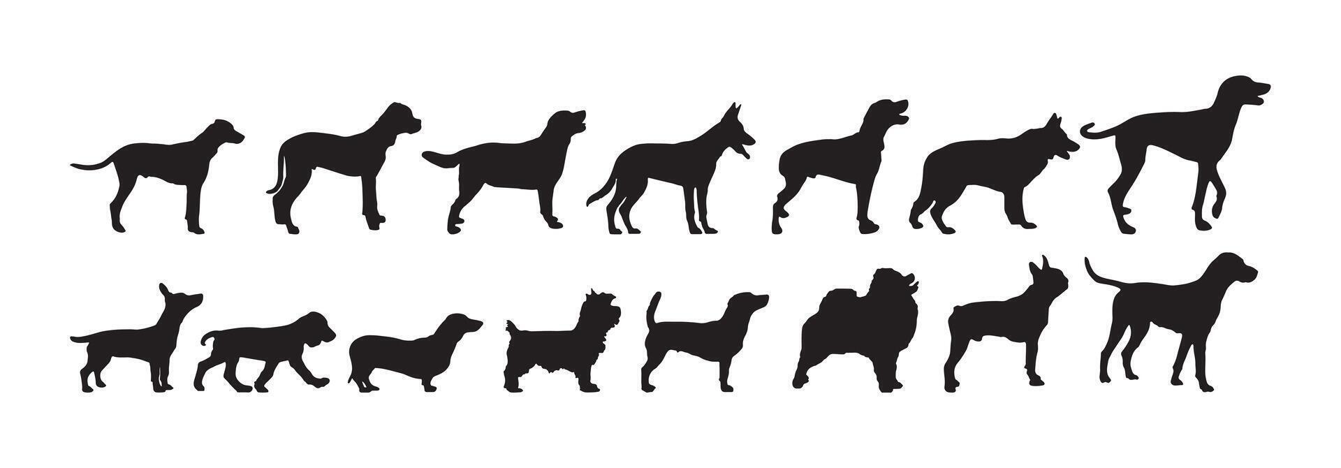 Set of standing dog silhouettes in various poses vector