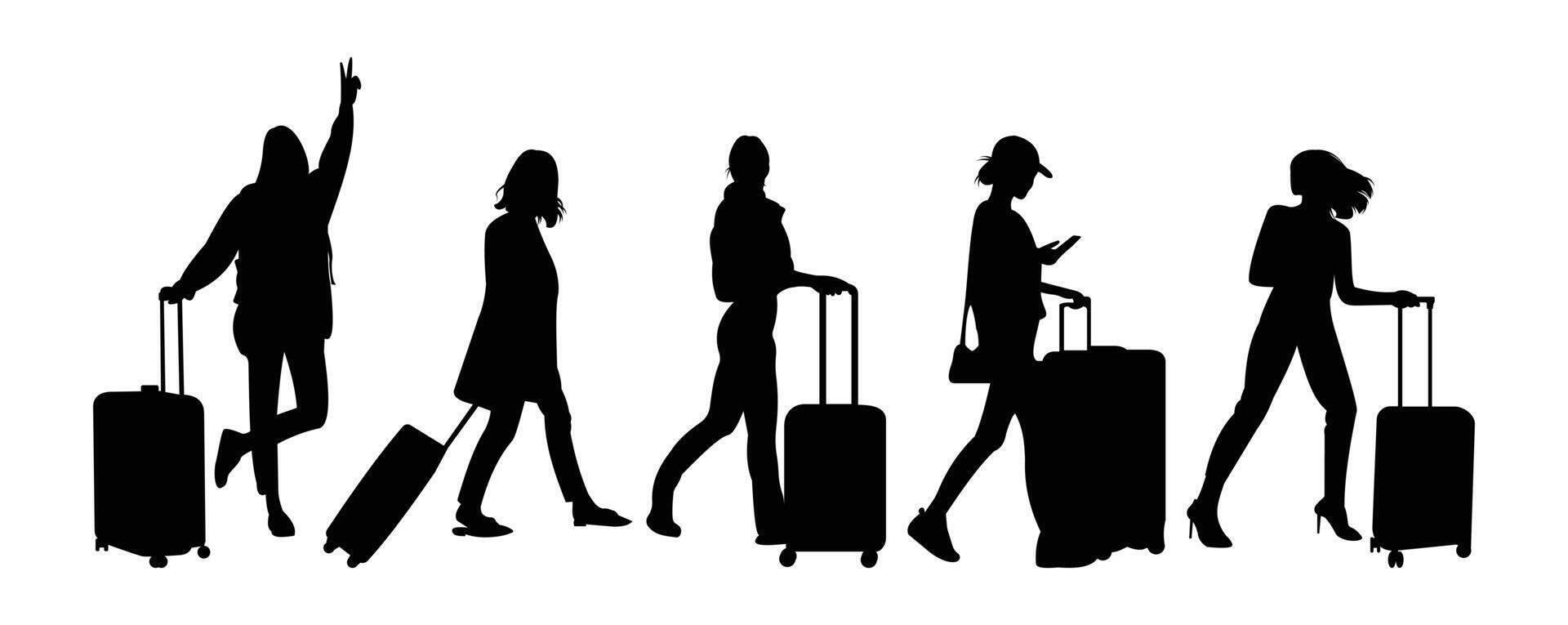 Silhouette of girl walking with suitcase vector