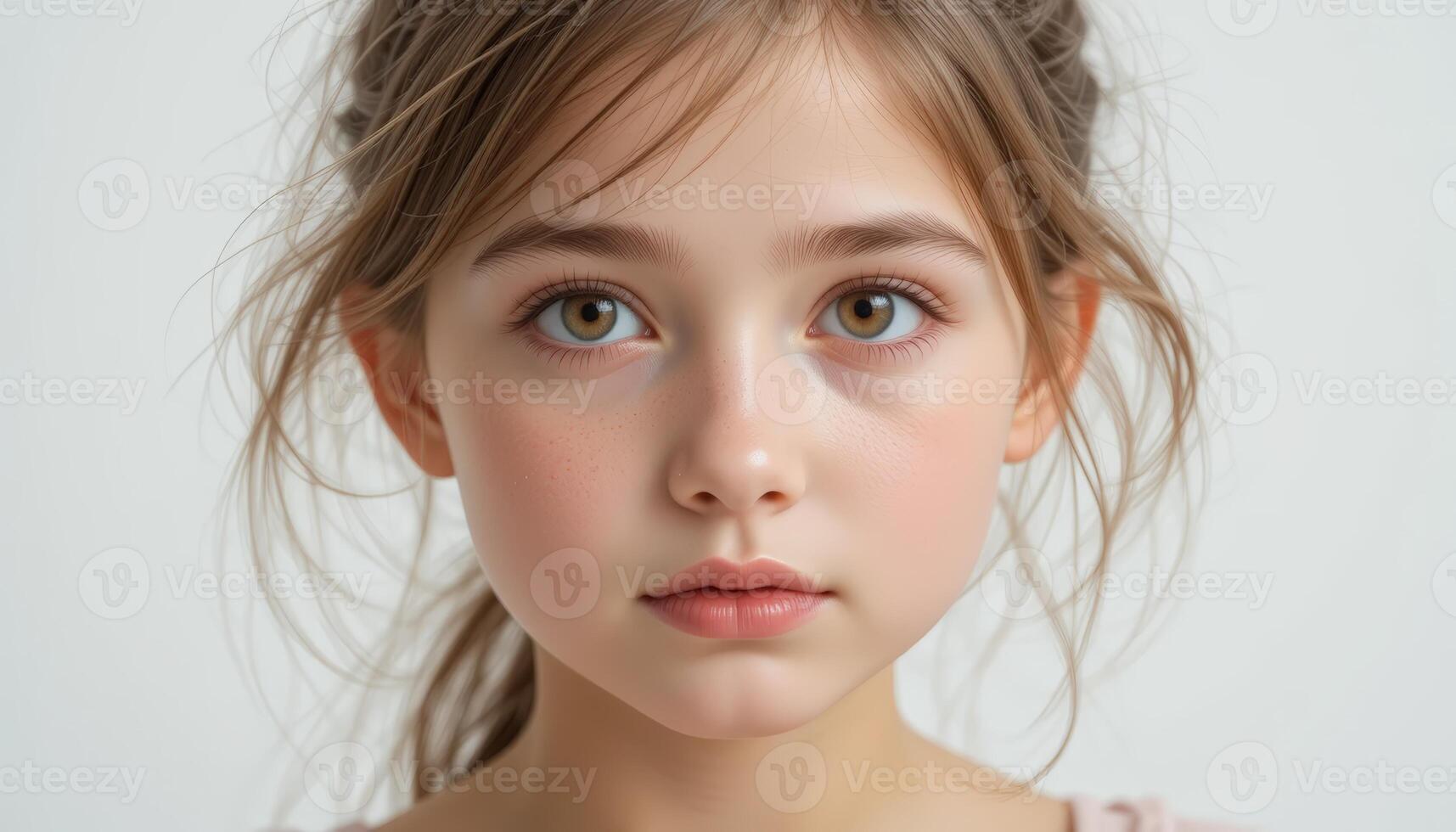 A close-up portrait of a young girl with soft features and a natural expression, highlighting innocence and youthful beauty. photo