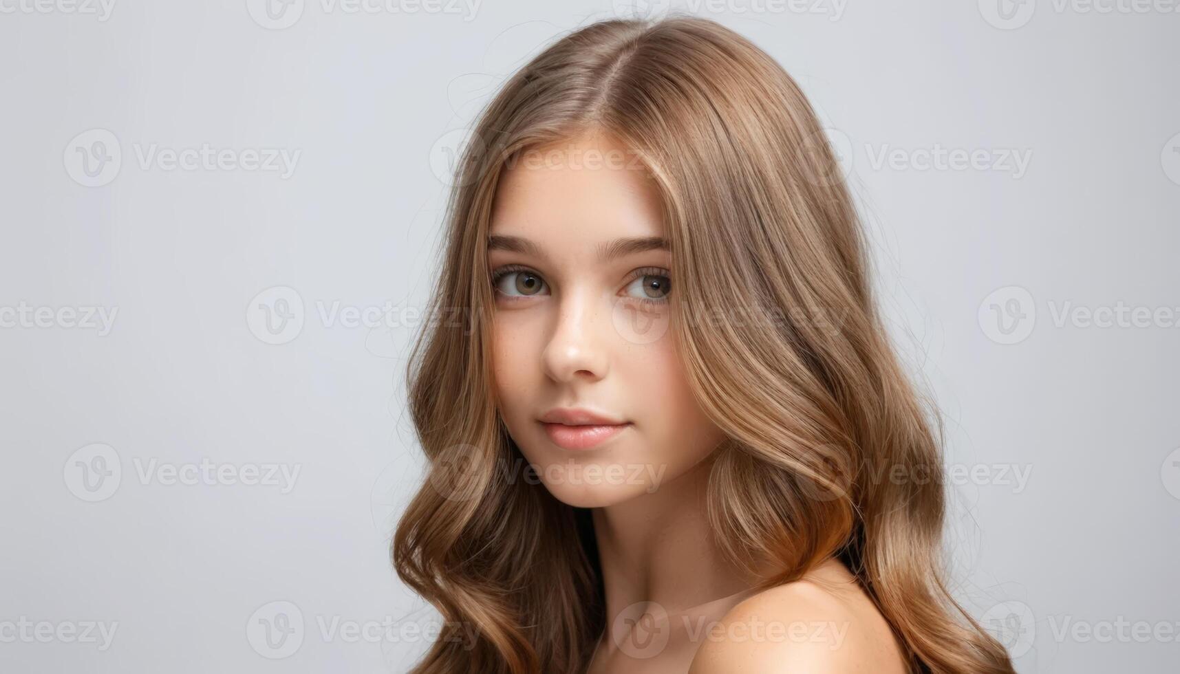 A close-up portrait of a girl with soft waves in her hair, exuding natural beauty and innocence against a neutral background. photo