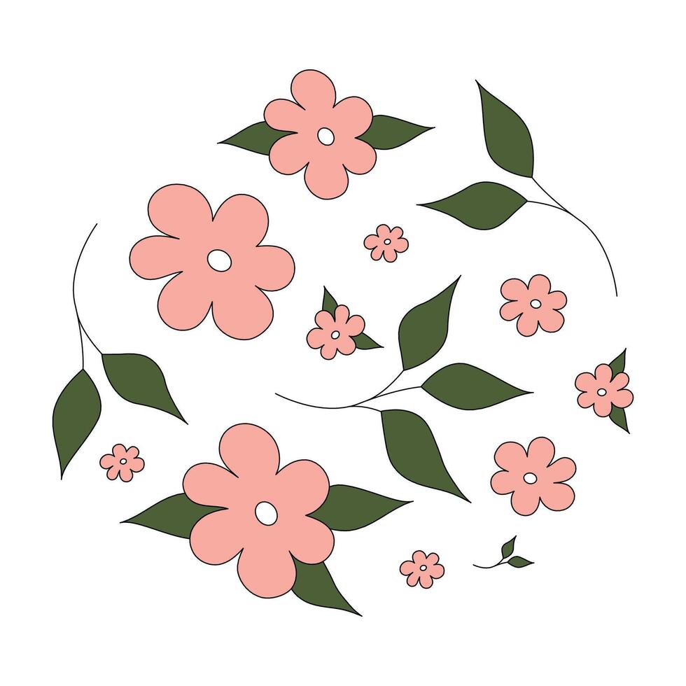 floral pattern of small pink flowers with green leaves. Floral print. vector