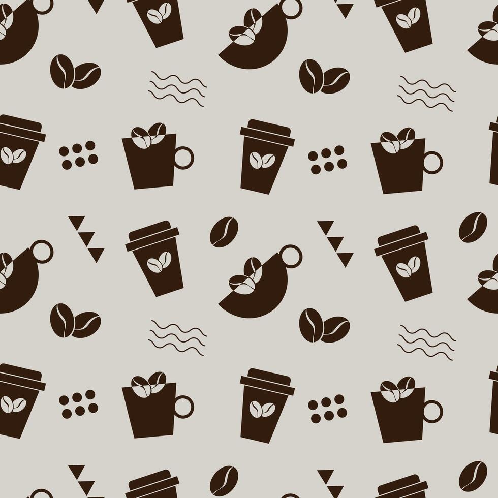Seamless abstract coffee pattern with coffee cups and coffee beans. Packaging concept. vector