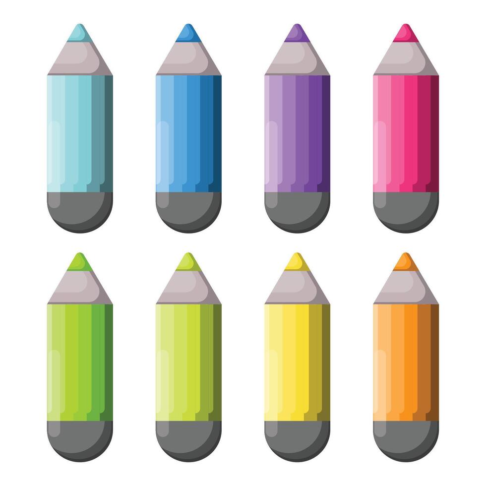 A set of colored wooden pencils with an eraser. Elements of drawing tools. vector