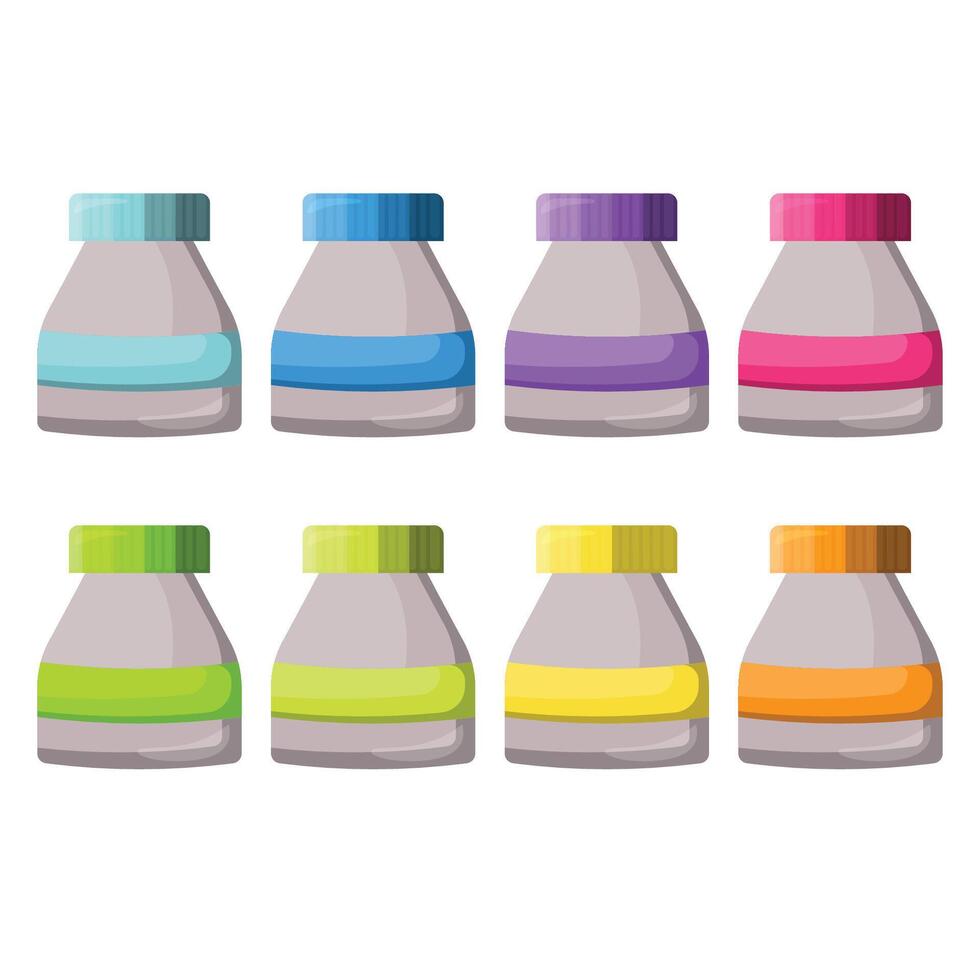 A colorful set of plastic paint containers. A set of acrylic and watercolor paints. Elements of drawing tools. vector