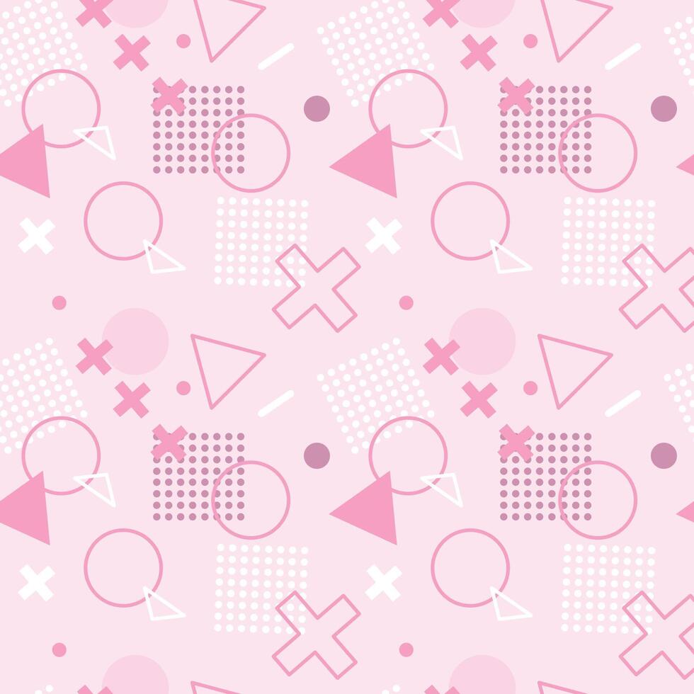 Seamless abstract pattern with geometric shapes seamless . Retro 80s, 90s shapes on a pink background. Modern colorful geometric shapes and objects. vector