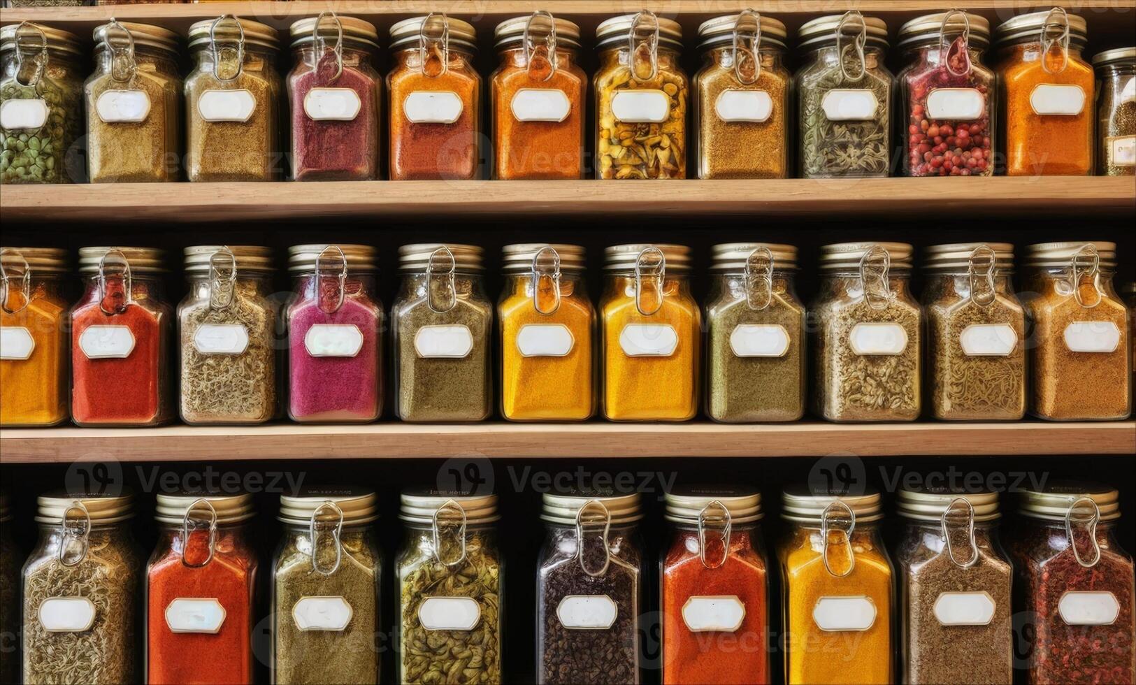 A variety of jars filled with spices and herbs are organized on a wooden shelf, representing a colorful and flavorful culinary collection. photo
