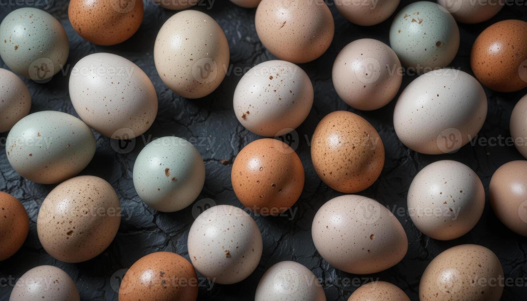 An array of colorful eggs arranged on a dark surface, showcasing various colors and textures, perfect for culinary or decorative use. photo