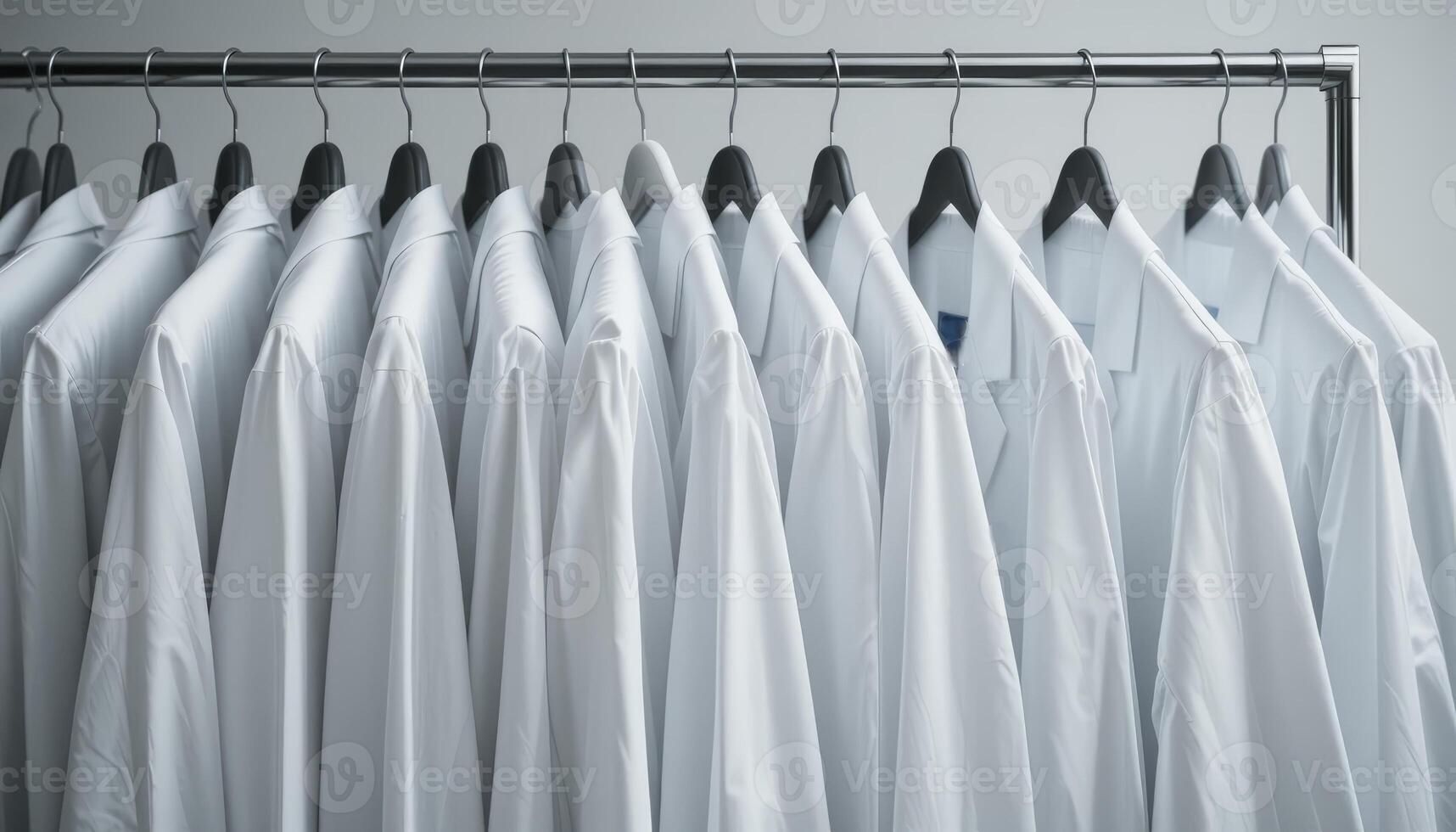 A collection of white lab coats hanging neatly on hangers, symbolizing the medical or scientific profession and research environments. photo