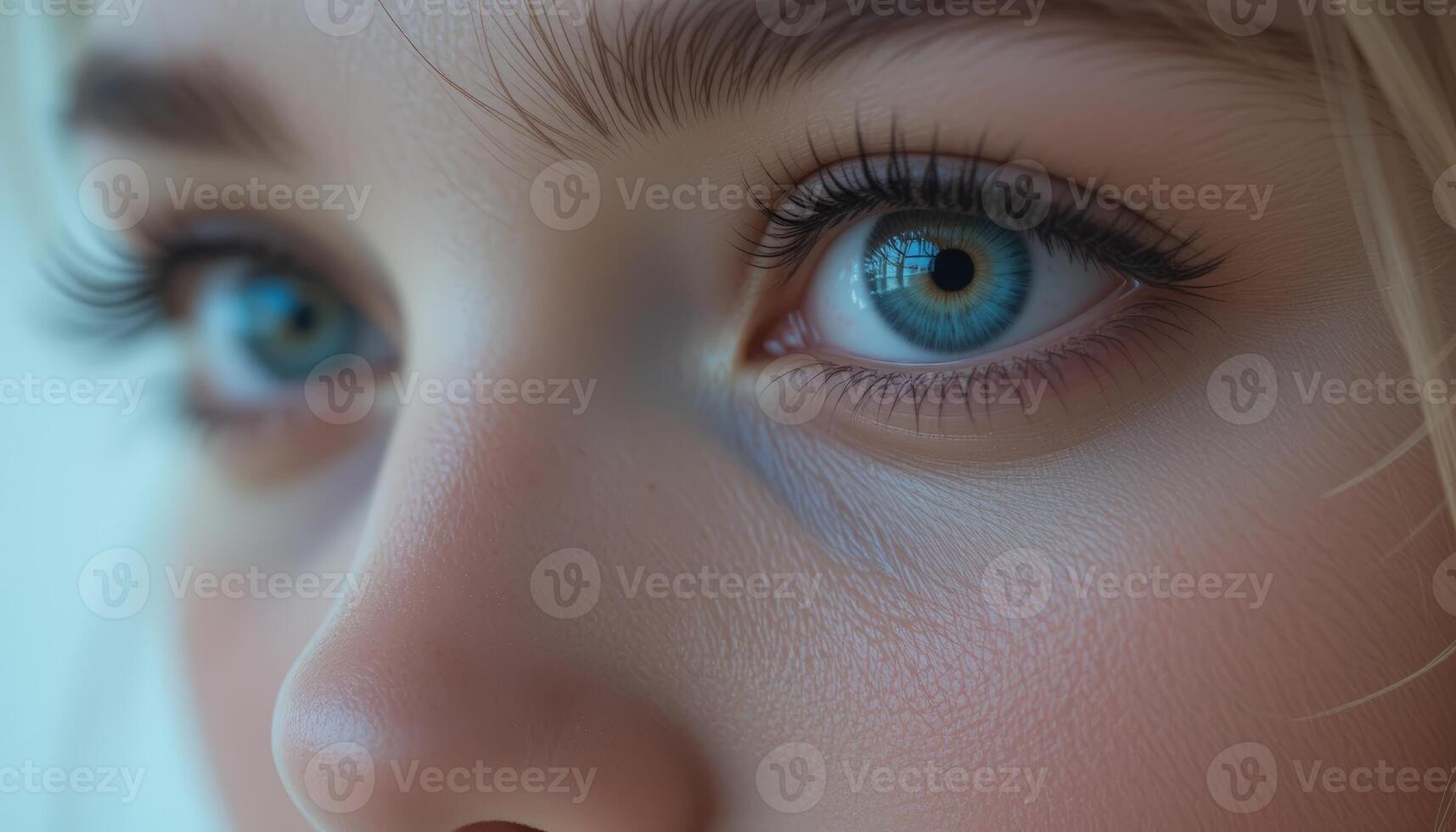 A close-up of a young woman's striking blue eyes, showcasing her long lashes and remarkable details, capturing an intimate and thoughtful moment. photo