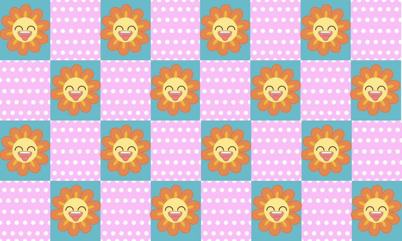 a pattern composed of orange flower face smile with tartan pastel and dot background , design for fabric or various pattern printing works. vector