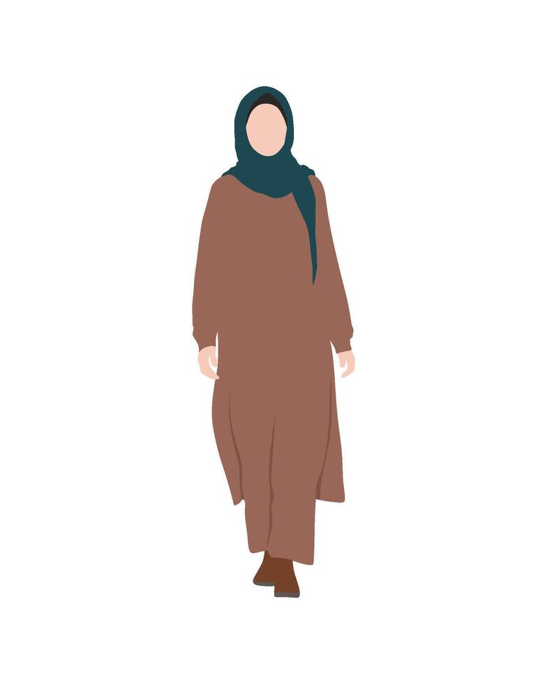 Flat art people and illustration, muslim woman in brown dress and green hijab vector