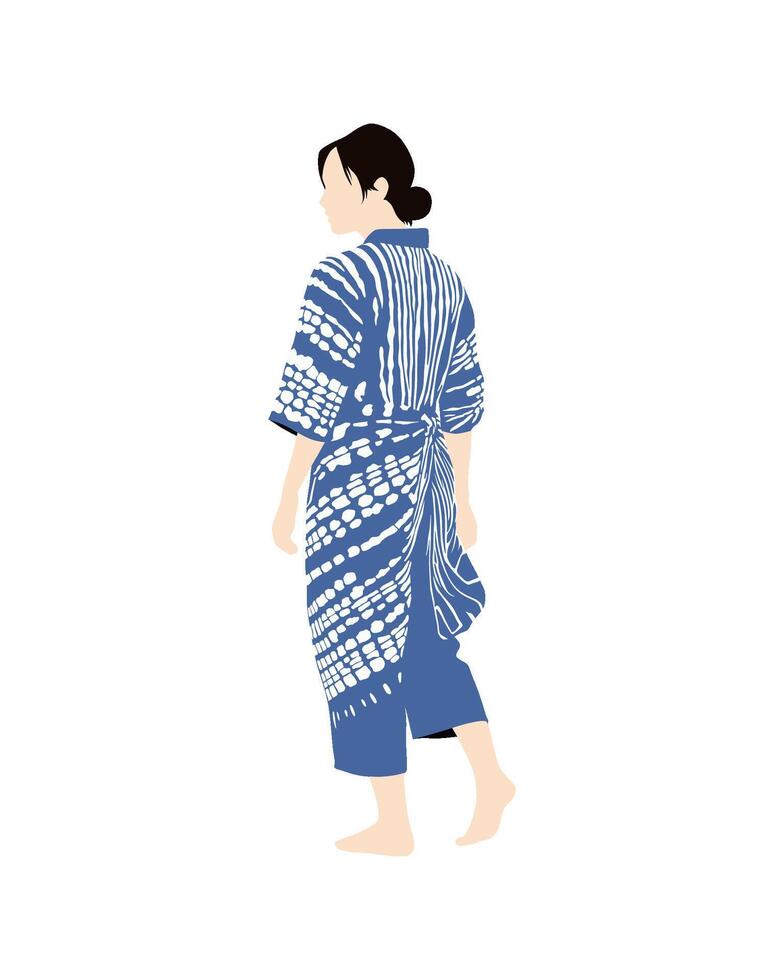 Flat art people and illustration, woman in a blue yukata with a white pattern, viewed from the back vector