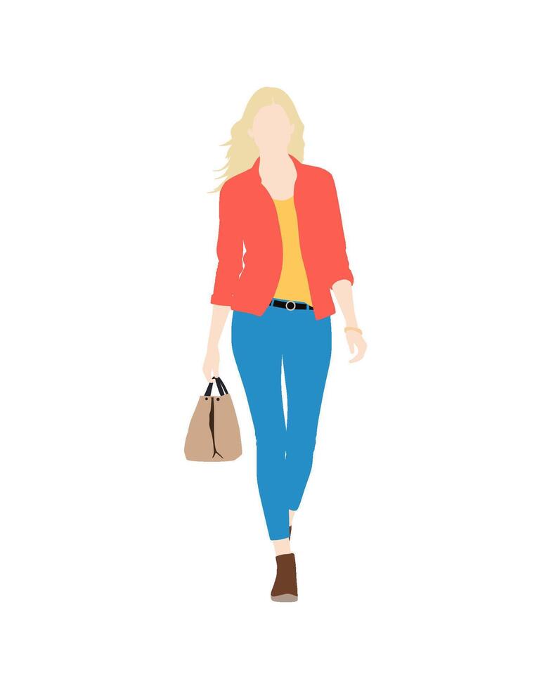 Flat art people and illustration, blond woman in orange jacket, blue jeans and handbag vector