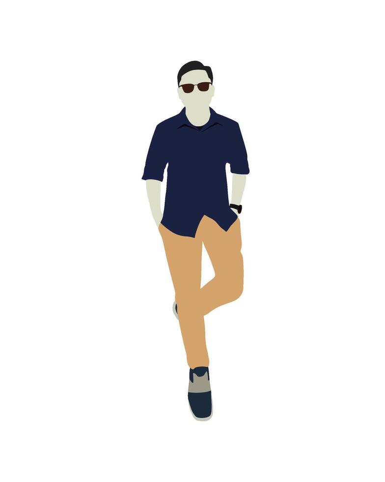Flat art people and illustration, man in casual wear standing in a pose, lean against the wall vector