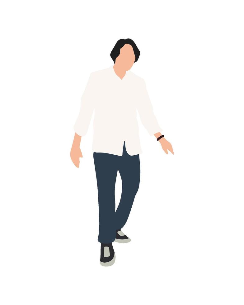 Flat art people and illustration, wavy haired man walking in casual white shirt and jeans outfit vector