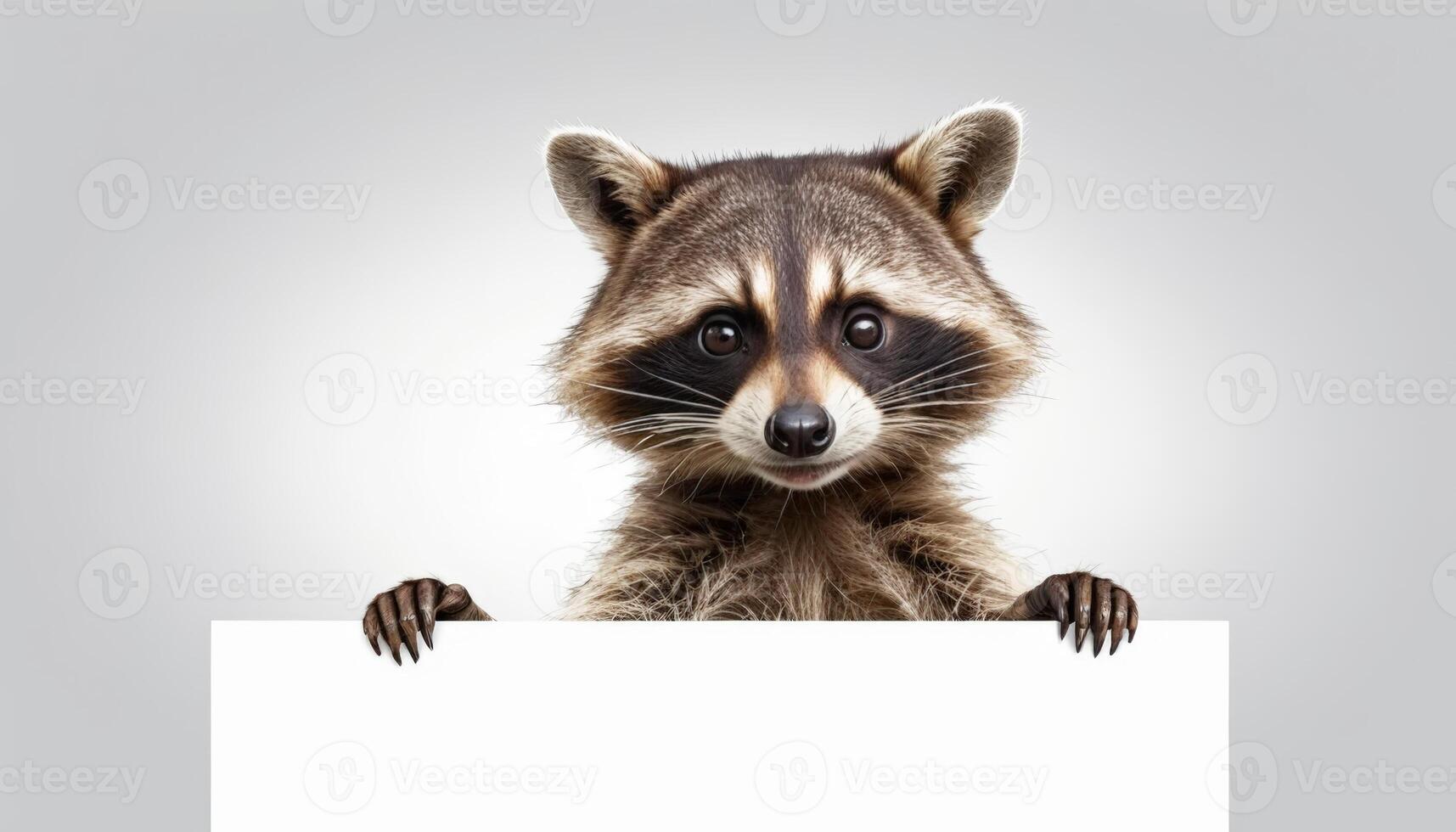A cute raccoon peeks over a blank white banner, exuding a charming and playful demeanor, ideal for promoting wildlife awareness or pet-related content. photo