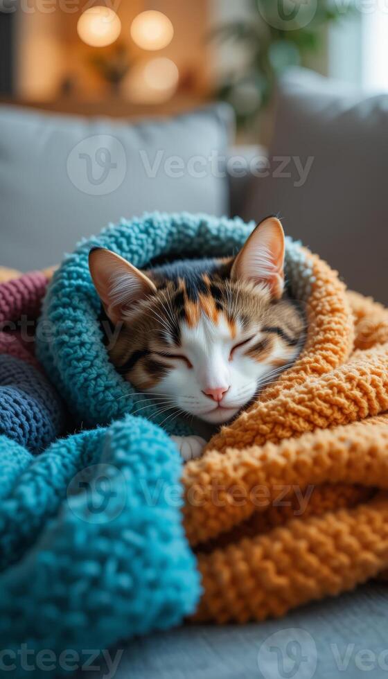 A calico cat is sleeping soundly, wrapped in a colorful knitted blanket on a couch. The cozy setting conveys warmth and comfort, emphasizing relaxation. photo