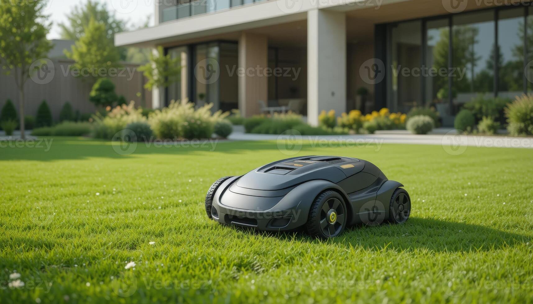 A sleek robotic lawn mower effortlessly maintaining a lush green lawn in front of a modern house, showcasing innovative gardening technology. photo