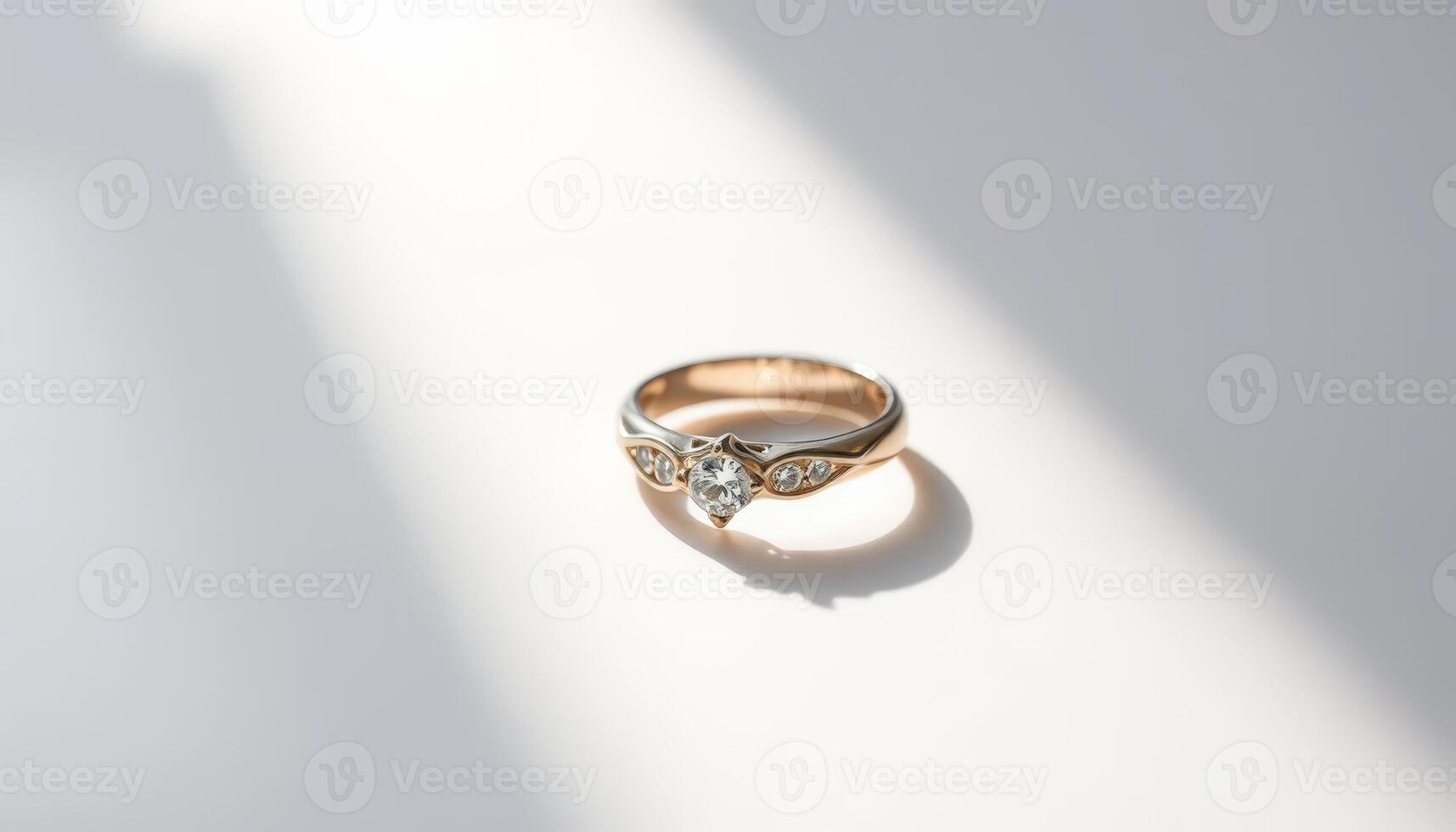 A close-up of an elegant gold engagement ring featuring a sparkling diamond, beautifully illuminated to highlight its craftsmanship and allure. photo