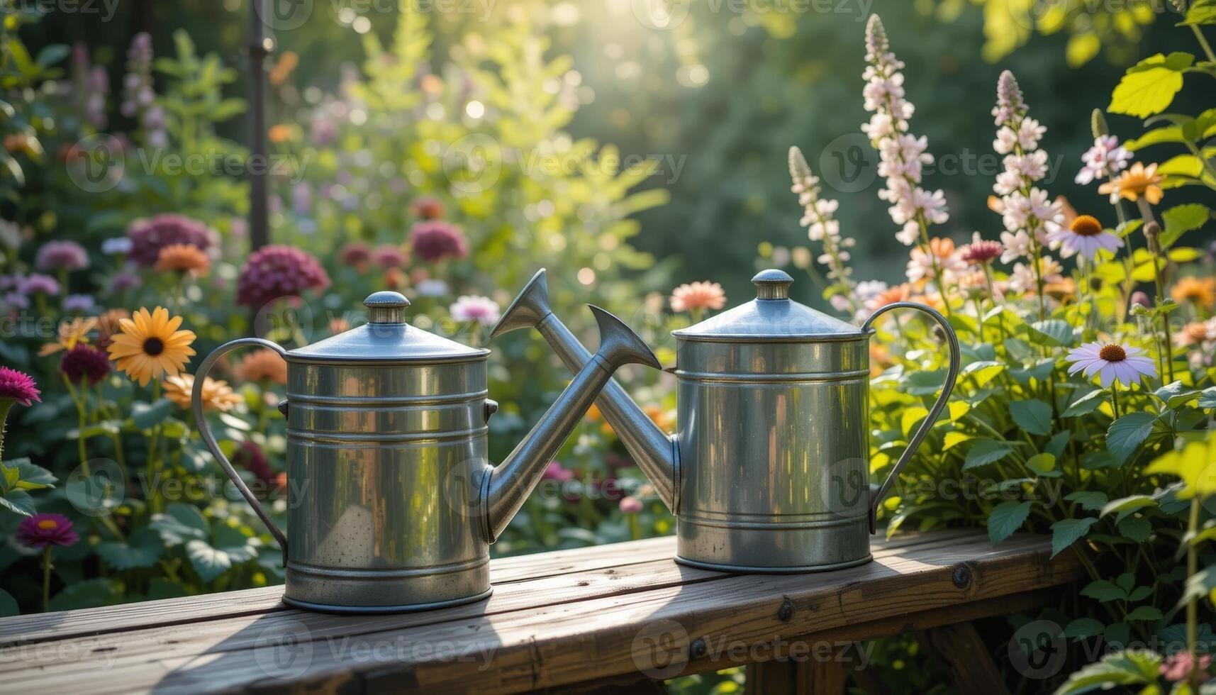 Two vintage watering cans on a wooden table, surrounded by lush flowers, creating a charming gardening scene. photo