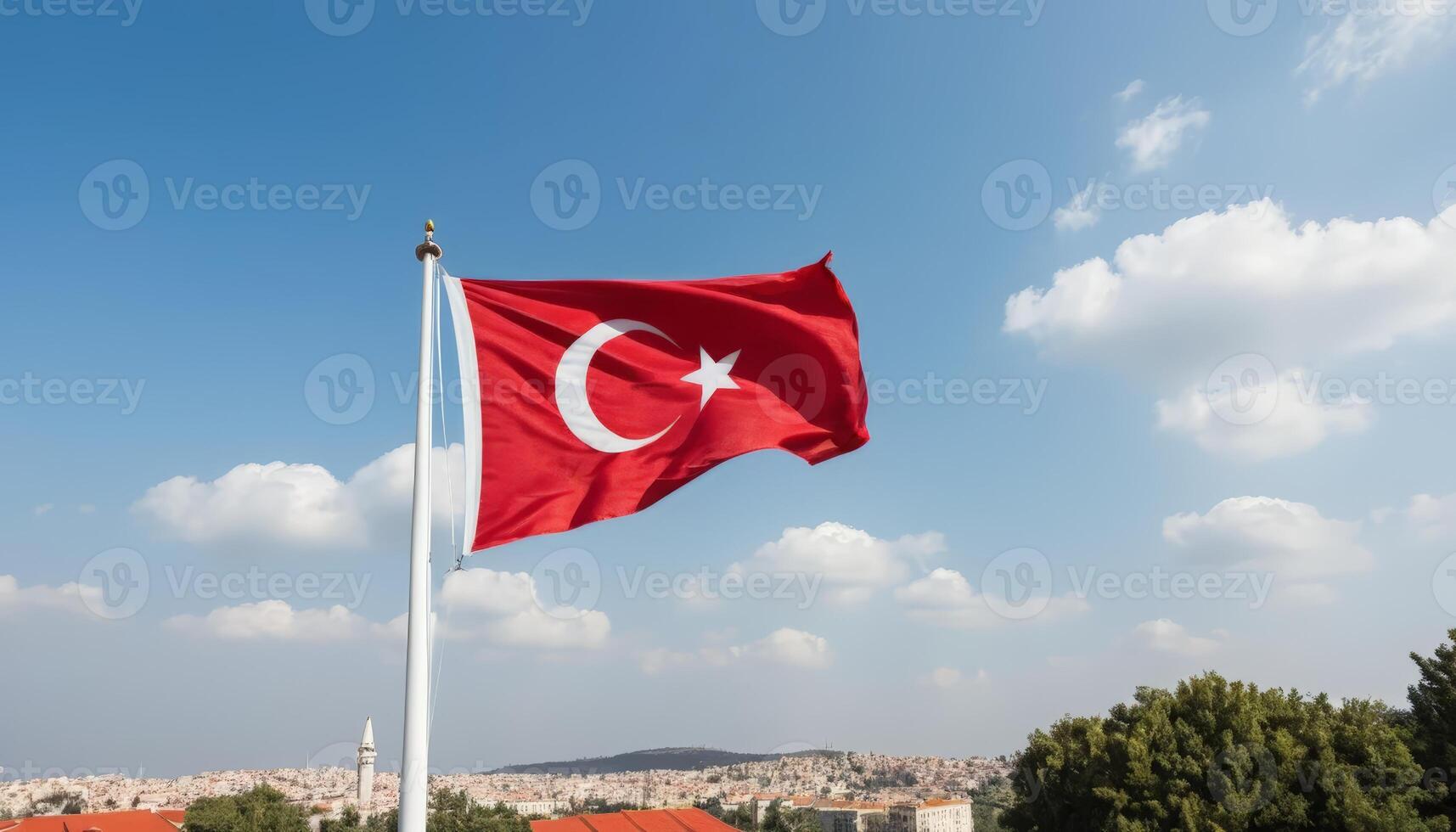 The national flag of Turkey flutters against a clear blue sky, representing national pride and identity. photo